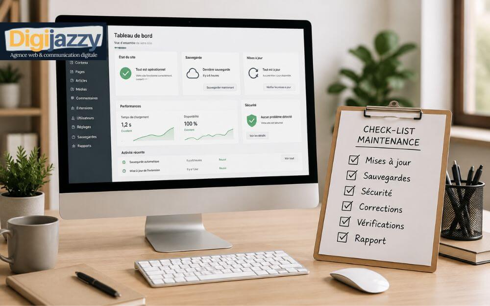Checklist illustrant les types de maintenance WordPress : préventive, corrective et évolutive